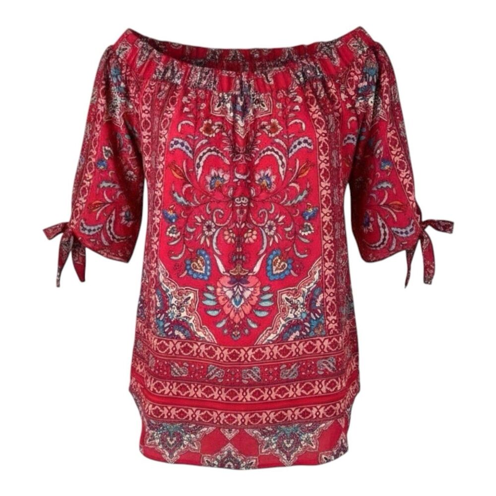 Stitch VERSE Fix Off Shoulder Red Teal Boho Top Tie Sleeve Border Hem L